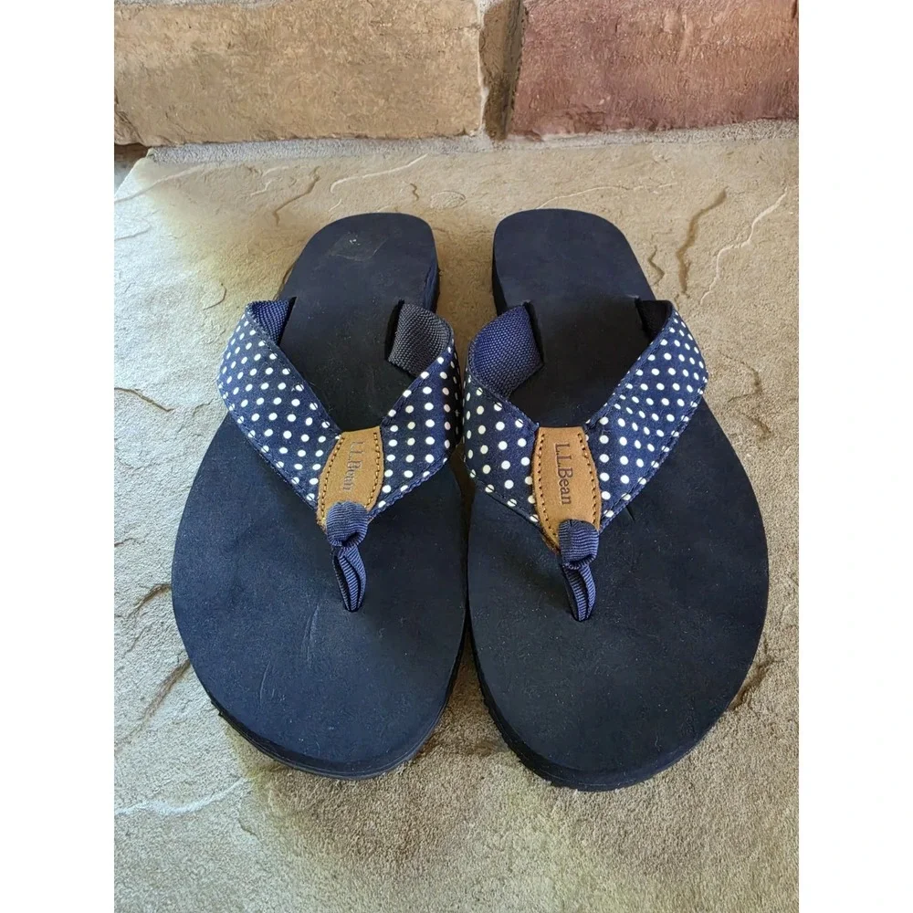 LL Bean Maine Isle Flip Flops Womens Size 10 Nautical Polka Dot Sandals - Picture 2 of 7